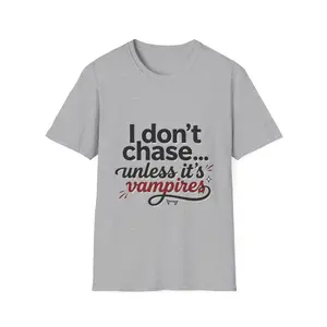 Men's "I Don't Chase Unless It's Vampires" Print T-Shirt - Natural Ribbed Fabric, Casual Classic Fit, Vampire Humor
