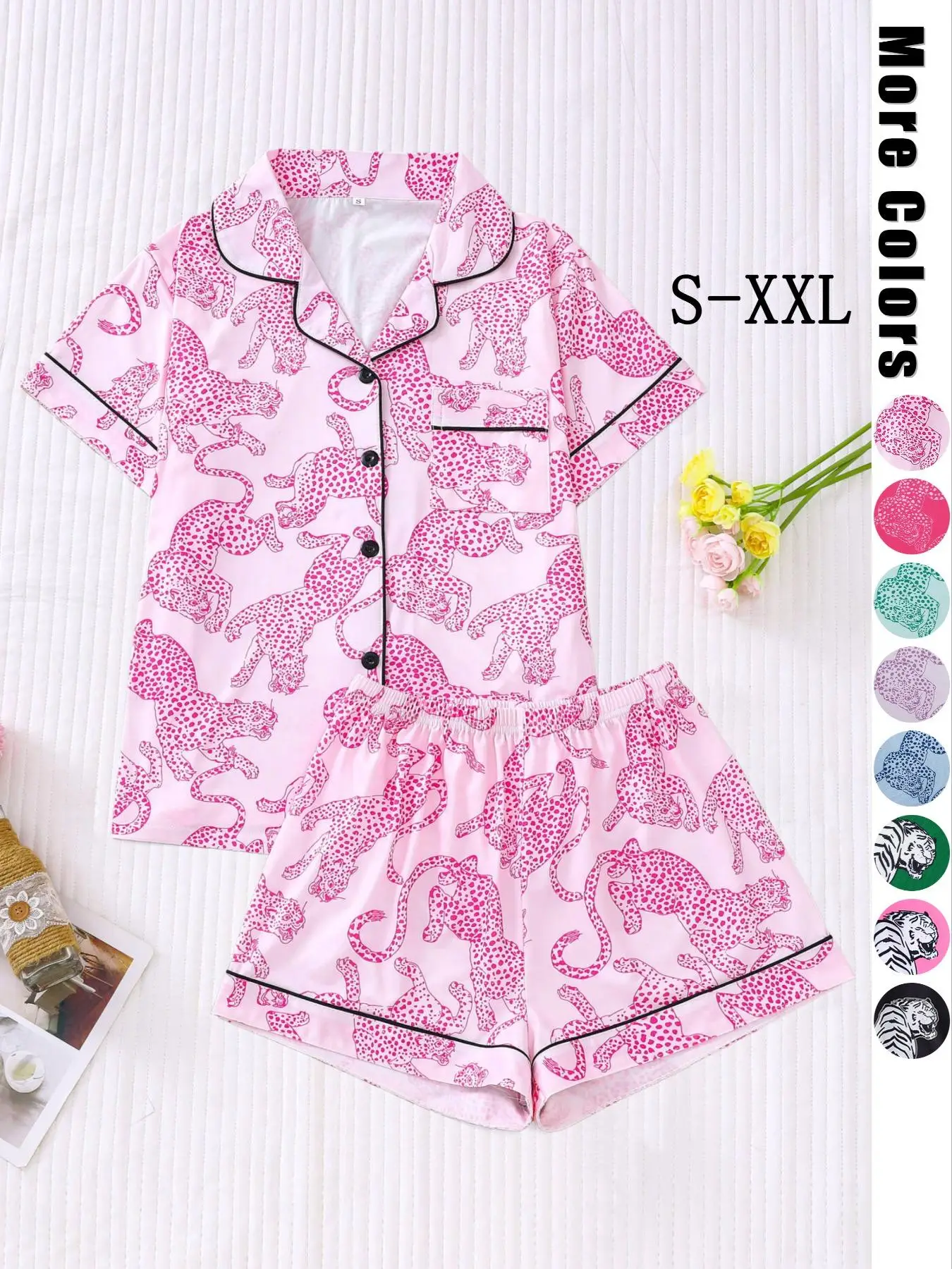 Women's Leopard Print Contrast Binding Pocket Lapel Shirt & Elastic Waist Shorts Pyjama Set, Casual Comfortable Button Front Short Sleeve Top & Shorts