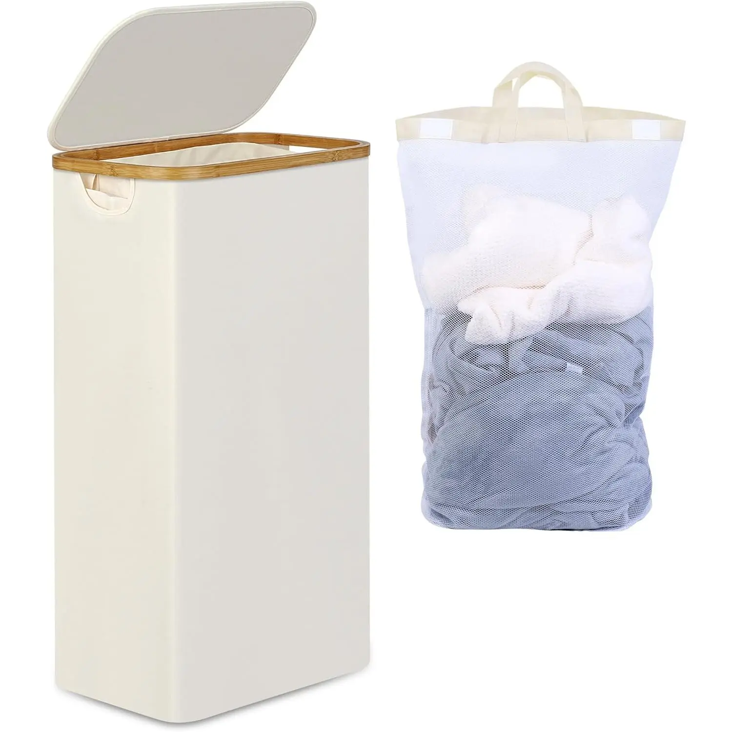 Slim Laundry Basket with Lid, Narrow Laundry Hamper with Removable Bag, Skinny Dirty Clothes Basket with  Handles for Bathroom, Bedroom & Laundry Room, 75L Beige