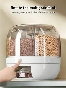 1pc Divided Rice Bucket Rotating Grain Storage Bin 6 Grids Rice Container One-Click Output Large Capacity Food Dispenser For Rice Grains Or Pet Food Sealed Moisture Proof Organizer