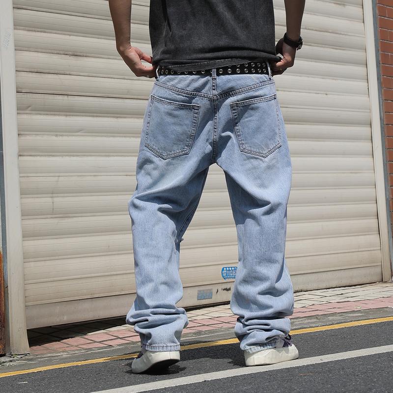 MZNBURAM Men's Ripped Non-Stretch Relaxed Fit Straight-Leg Denim Pants Jeans-Menswear Streetwear Trouser