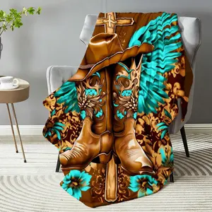 1pc Western Cowboy Boots With Wings Throw Blanket - Brown Boots & Turquoise Floral Pattern - Soft Lightweight Flannel All-Season Blanket Sofa, Bed, Camping, Travel - Western Home Decor Accent - Birthday Cowboy Fans - Easy Care