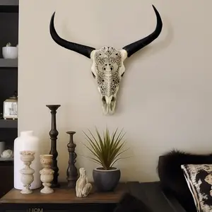 Sagebrook Home Boho Resin 28" Bull Skull Wall Accent, Ivory/Black Decor Hanging