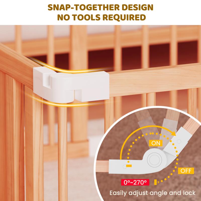 Naudacaa Baby Playpen & Safety Gate, 6/8/10 Panels  Foldable Pine Wood Play Yard with Child-Proof Lock, Easy-Assembly Baby Fence for Indoor Safe Play