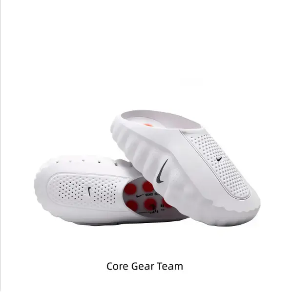 White Mule Slides, Red Cushioning Massage Outsole, Perforated Upper, Pre-Game Recovery Tech Slides