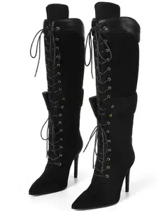 Women's Tan PU Leather Lace-Up Knee High Heel Boots with Pointed Toe and Stiletto Heel for Elegant Style