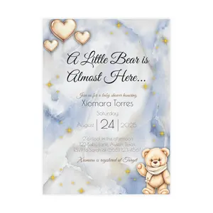 Custom Baby Shower Invitation – Printed Teddy Bear Theme | Blue Marble | Personalized Invite for Boy or Girl | Premium Cardstock + Free Shipping
