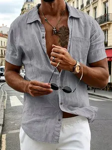 Men's linen short-sleeved button-down shirt, regular fit, casual summer beach shirt, comfortable, breathable and fashionable, suitable for warm weather, simple and trendy, versatile short-sleeve shirt