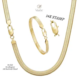 14K Real Gold Plated Herringbone Dainty Choker Necklace and Bracelet Flat Snake Bone Chain Titanium Waterproof and sweat-resistant with advanced Technology for Women and Men Multiple Lengths Jewelry trend Llight Uxury