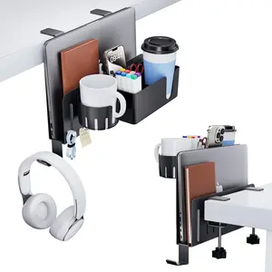 7 in 1 Desk Side Organizer Set, Under Desk Laptop Holder Storage, No Drill Laptop Stand Mount with 2 Cup Holder, Pen Holder, Headphone Hanger and 2 Pin , Detachable  Stand
