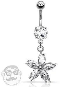 Silver Floral CZ Stainless Steel Belly Button Ring