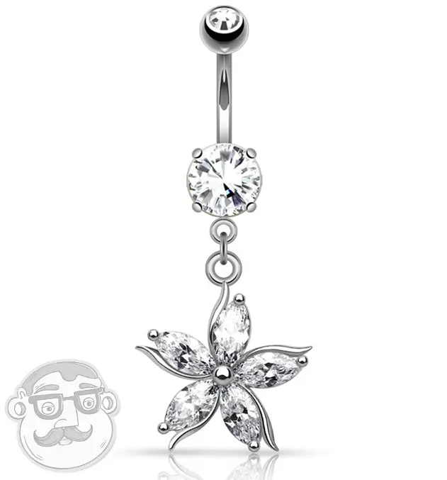 Silver Floral CZ Stainless Steel Belly Button Ring