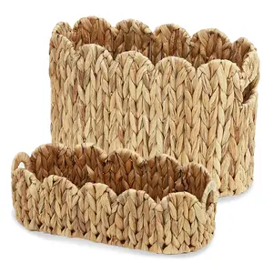 Garvee 2-Pack Scalloped Wicker Basket for Bathroom, Hand-Woven Rattan Toilet Paper Storage Basket with Built-in Handles, Small Decorative Organizer for Countertop, Shelf