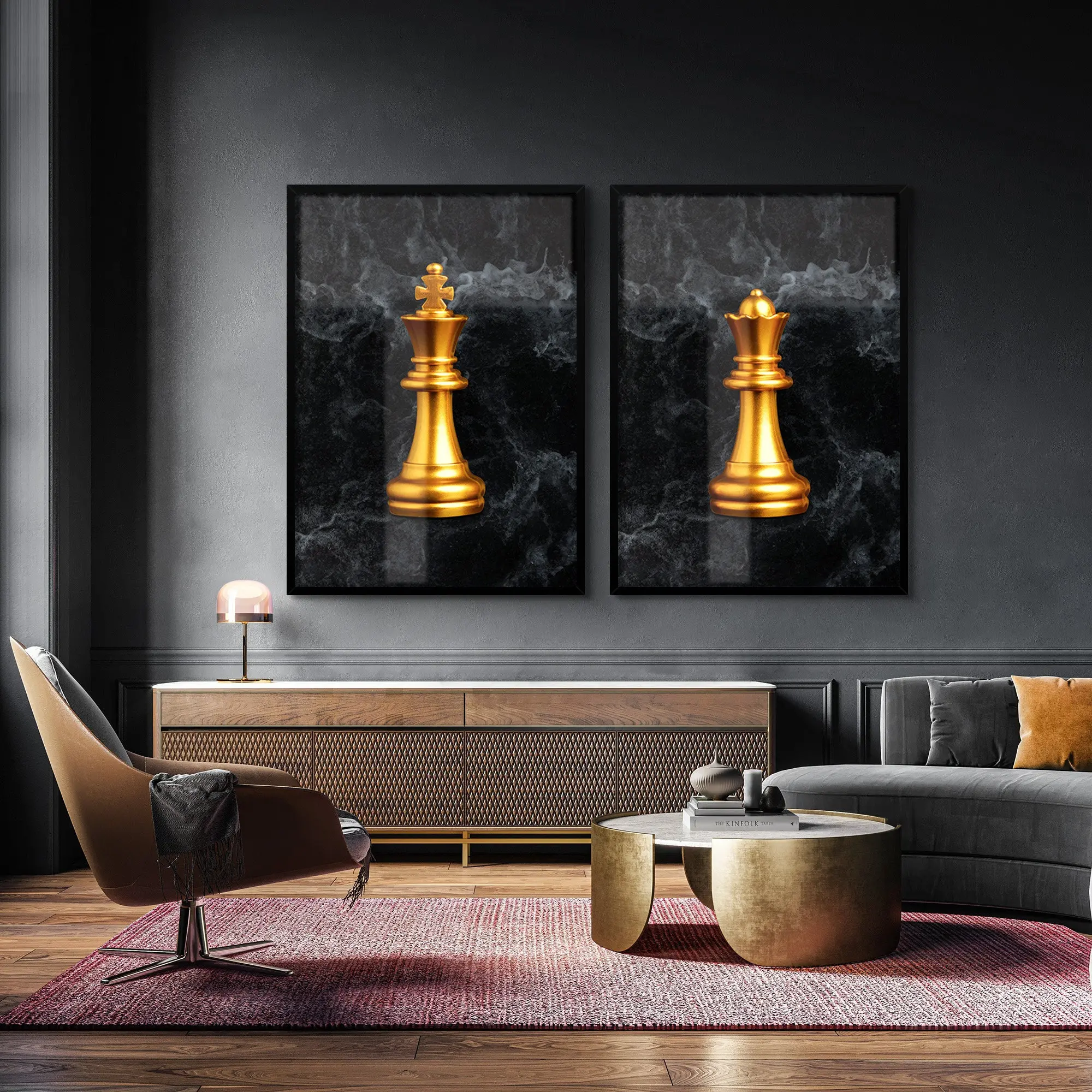 Chess King and Queen Gold Poster Wall Art, Set Of Two King and Queen Pieces, Chess Lover Gifts, Couple Anniversary Gift