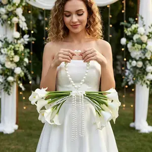 【Father's Day】Silvanest 20pcs Calla Lily Pearl Cascade Bridal Bouquet with Pearl Arch Handle, Elegant Wedding Bouquet for Bride, Wedding Ceremony Flowers