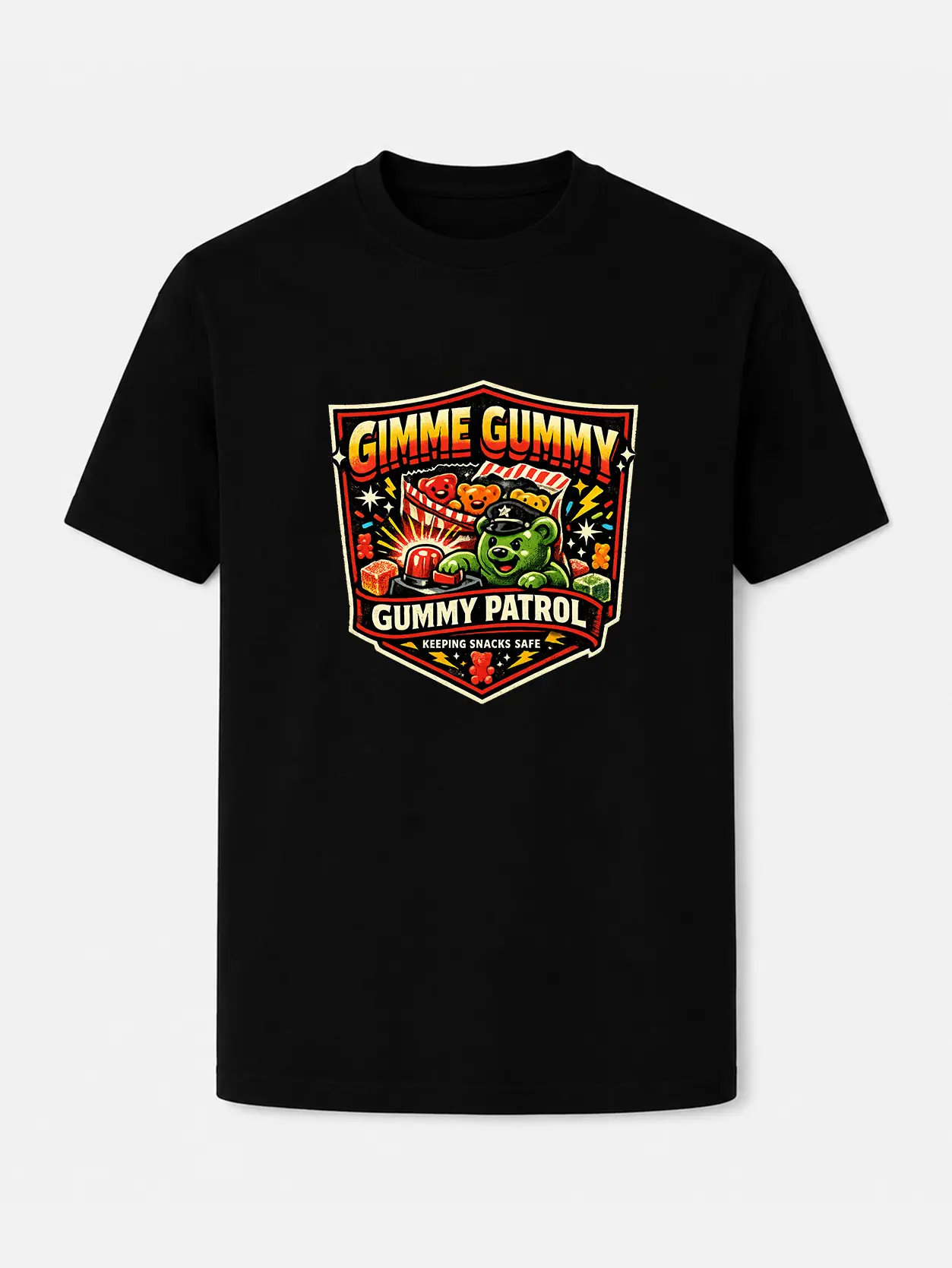Gimme Gummy Gummy Patrol Graphic Tee, Funny Candy Lover T Shirt, Cute Gummy Bear Cartoon Snack Shirt, Retro Badge Print Unisex Casual Short Sleeve Crew Neck Black Tee