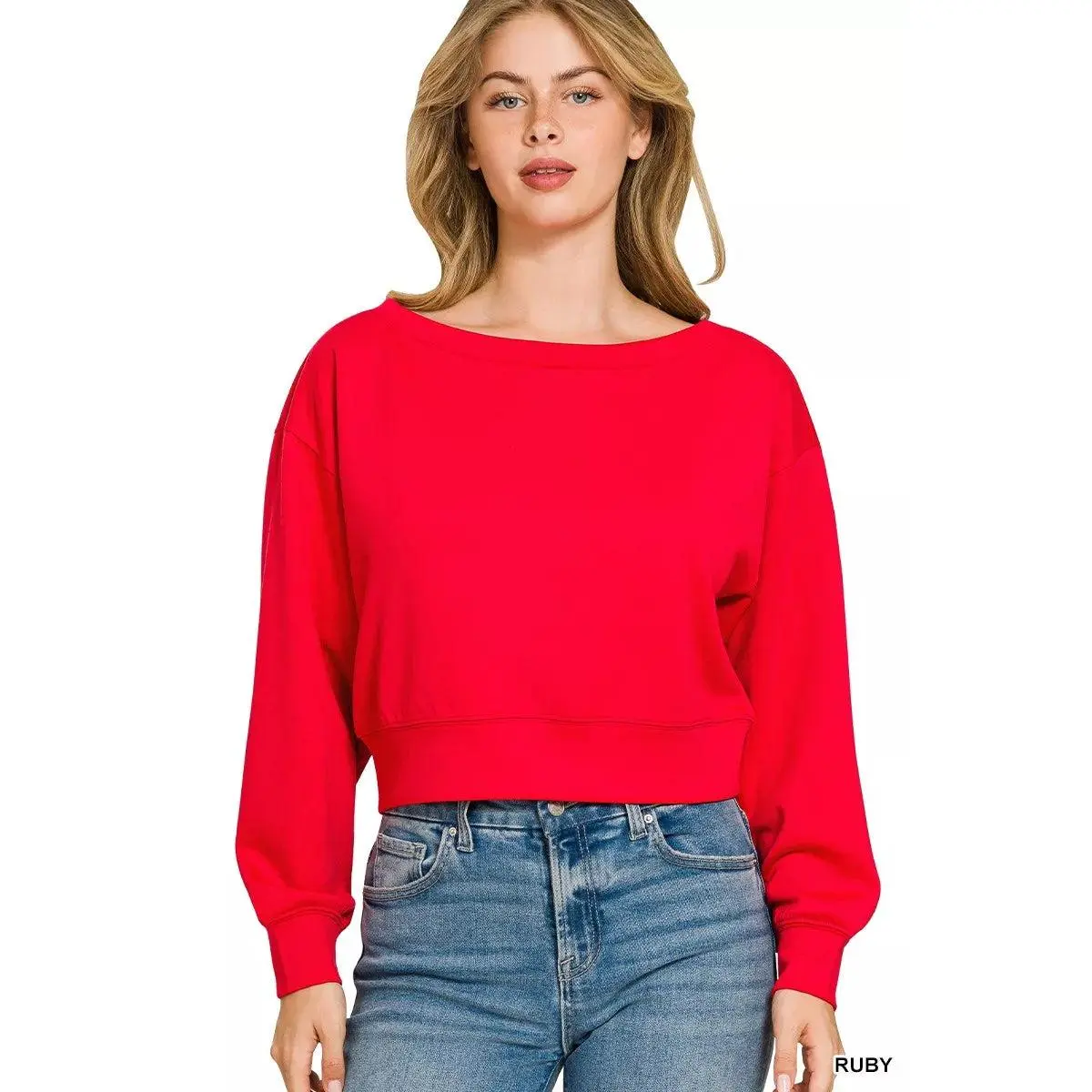 Zenana Scuba Cropped Boat Neck Pullover Sweatshirts
