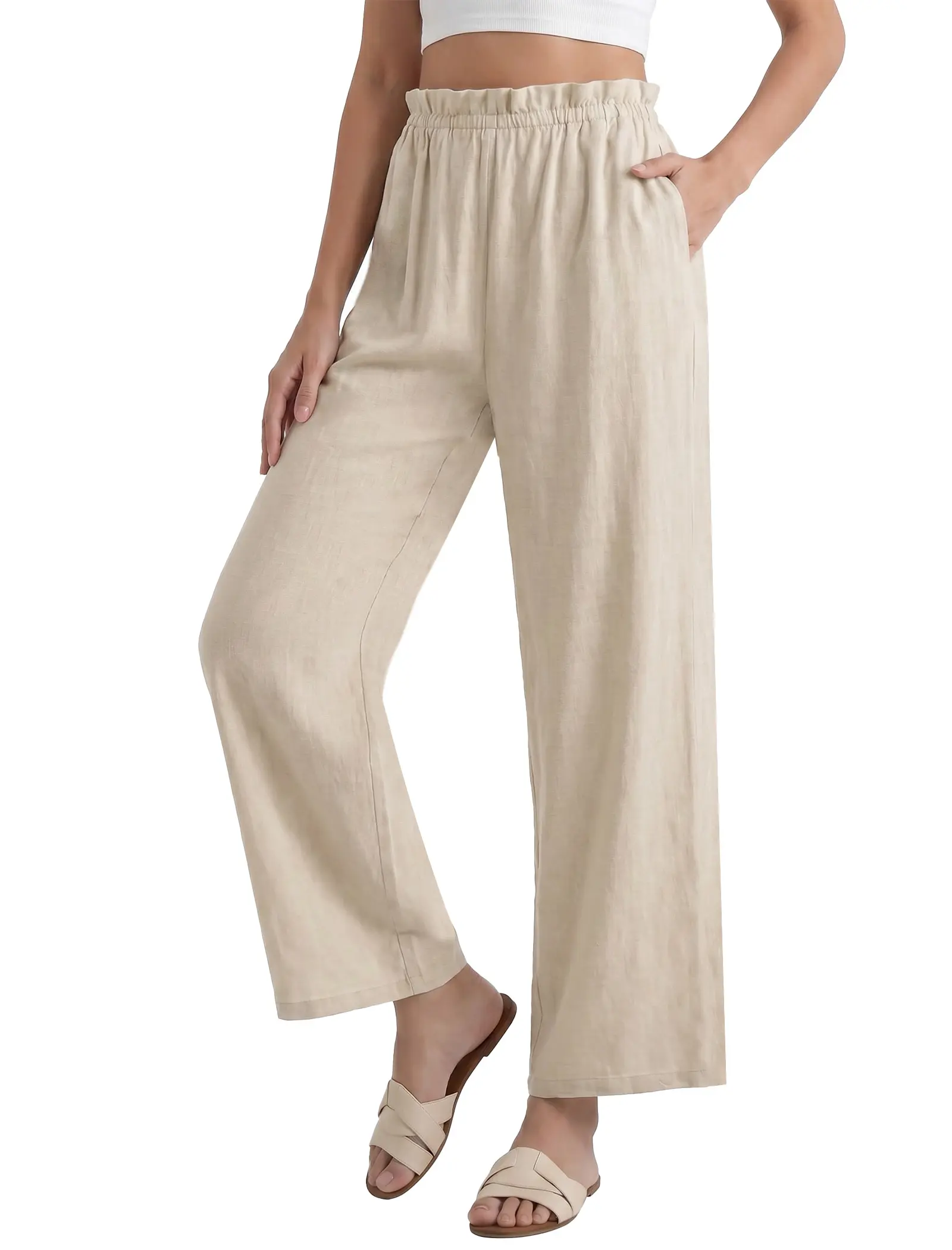 Women’s Linen-Blend Cropped Straight-Leg Pants, High-Waist Paperbag Elastic Trousers with Pockets for Summer Vacation