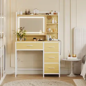 35.4 Inch Modern Makeup Vanity with Sleek Square Mirror, Bedroom Dressing Station with Open Storage Shelves and 4 Spacious Fabric Drawers, Perfect Gift Idea for Girls