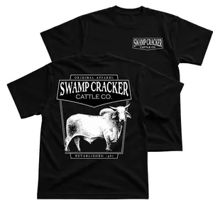 Swamp Cracker Cattle Company Bull T-Shirt, Western Ranch Graphic Tee With Brahman Cattle Back Print, Front Chest Cattle Co Logo Shirt, Southern Farm Workwear Outfit, Country Livestock Apparel Gift for Men and Women