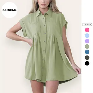 KatchMe Women's Plain Oversize Collared Neck Short Sleeve Button-Up Ruched Shirtdress,Casual Womenswear,Front Pocket Shirtdress for Spring & Summer