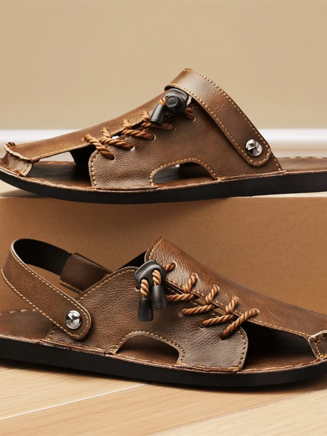 New Men's Sandals, Slip-On Non-Slip Summer Beach Shoes, Casual Sporty PU Leather Footwear for Beach, Round Toe Less Than Ankle Height