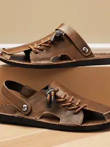 New Men's Sandals, Slip-On Non-Slip Summer Beach Shoes, Casual Sporty PU Leather Footwear for Beach, Round Toe Less Than Ankle Height