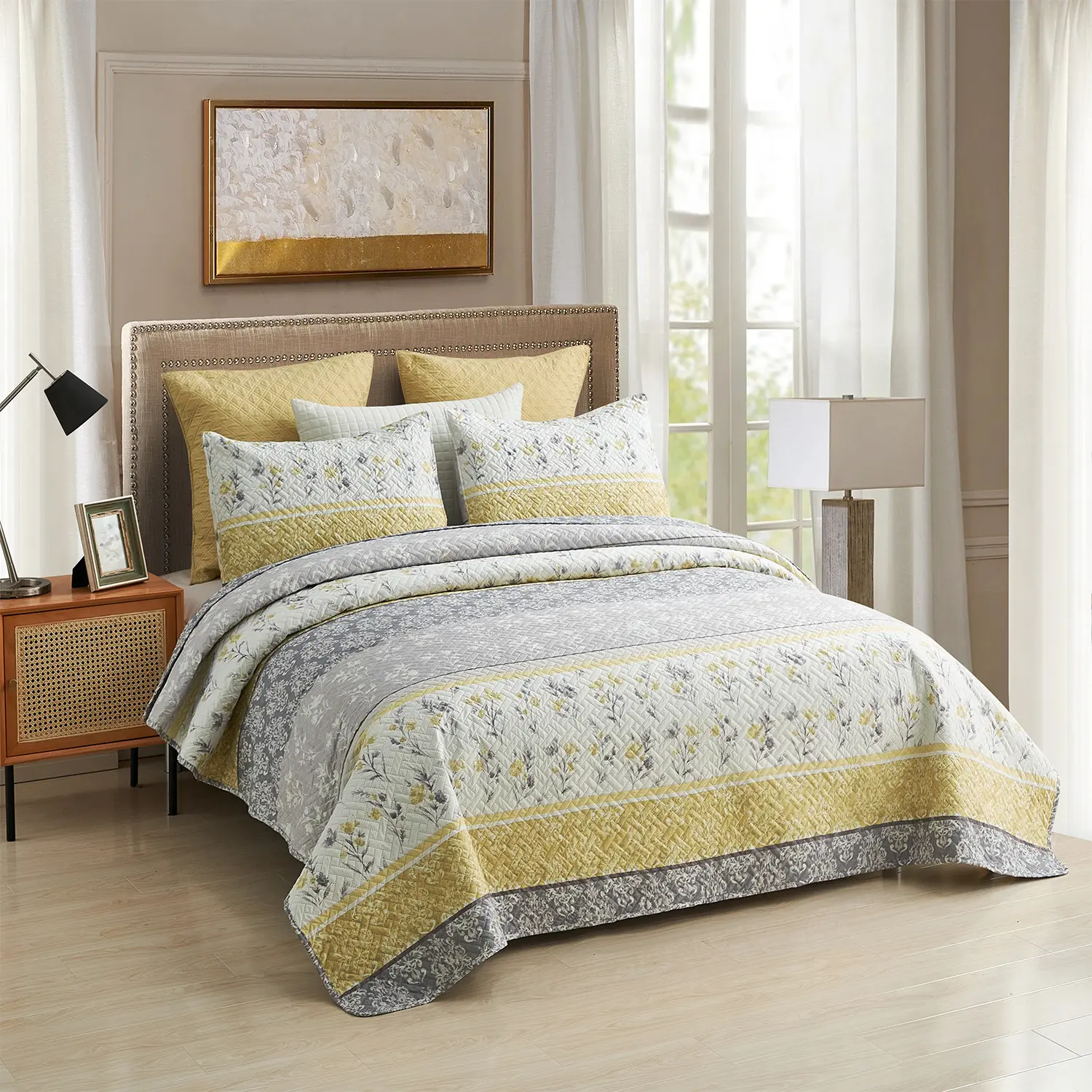 Boho Reversible Quilt Set 3 Piece Queen King | Luxury Soft Bedspread Coverlet | 2 Pillow Shams Included | Lightweight All Season Farmhouse Bedding Decor