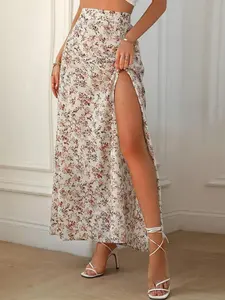 Women's Ditsy Floral Print Split Thigh A Line Vintage Skirt, Chic Boho High Waist Midi Skirt, Elegant Casual Skirt, for Beach Vacation Holiday, Ladies Bottoms for All Seasons
