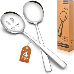 Extra Large 4-Pack Serving Spoons Set, 11.7-Inch 18/8 Stainless Steel Serving Utensils with 2 Slotted & 2 Solid Spoons for Buffet Parties Catering, Dishwasher Safe Silver