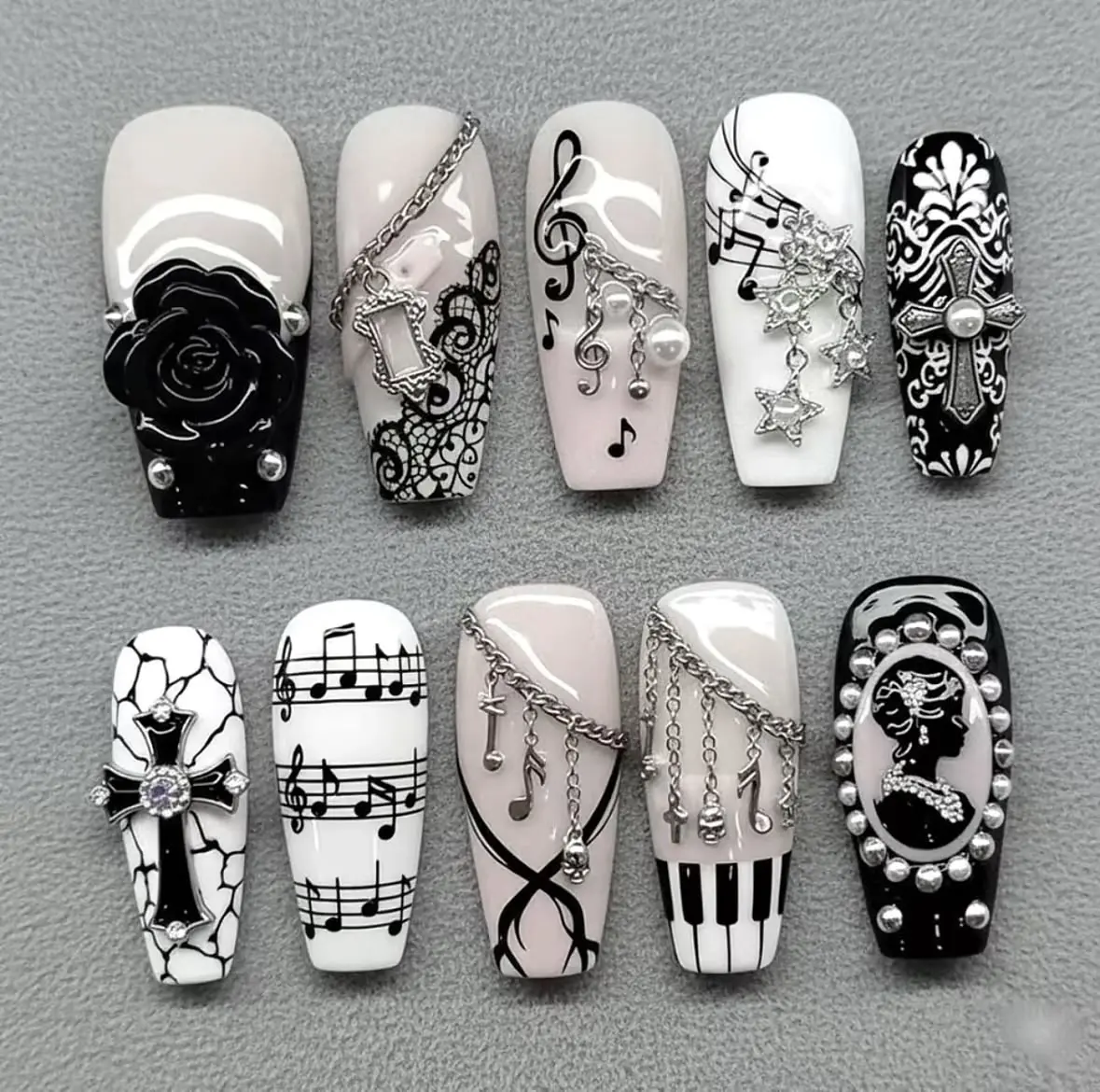 3D Classical Music Press-On Nails - Elegant Piano & Sheet Music Nail Art Set for Beauty & Personal Care Decoration