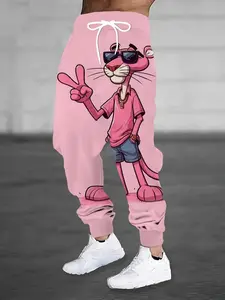 Men's Pink Cartoon 3D Pattern Printed Comfortable Sports Pants With Drawstring - Quick-Dry Horror Graphic Joggers | Polyester Sweatpants with Pockets, Casual Trousers for Running, Outdoor Activities Ideal for Golf, Fishing, Basketball, Camping, Gym, Beach