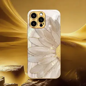 Fresh and shiny daisy gold-edged new electroplated tempered glass phone case for iPhone 17, 17Pro, 17Air, 17ProMax/16, 15, 14, 13, 12/iPhone 16, 15, 14, 13, 12Plus/iPhone 16, 15, 14, 13, 12Pro/iPhone 16, 15, 14, 13, 12ProMax/iPhone 11/11Pro/11ProMax/X/XR/