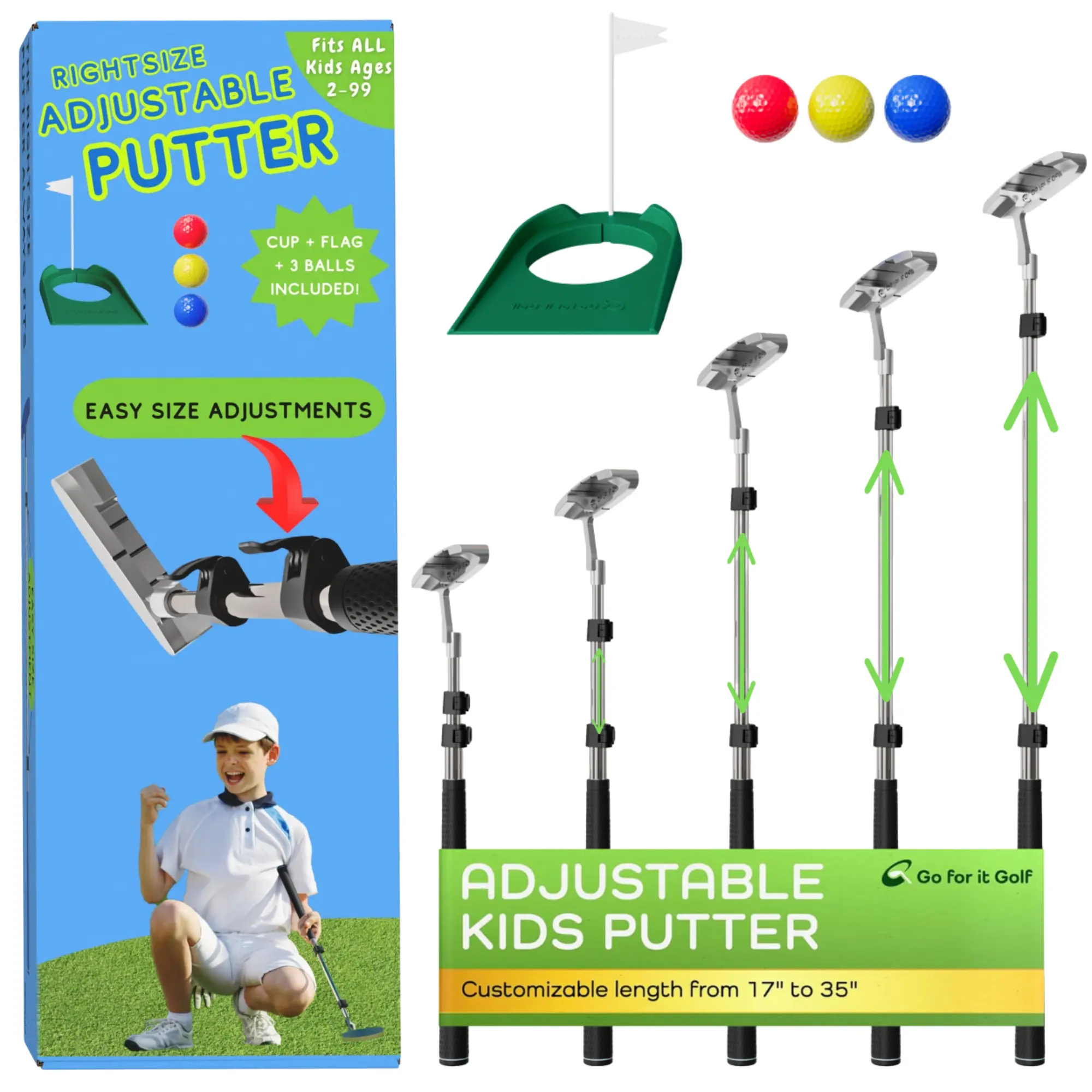 Kids Putter with Extendable Shaft - Silver, 17"-35" | Includes 3 Pcs Balls - Adjustable Size for Junior Golfers - Left and/or Right Handed - Ideal Golf Training Equipment for Children & Youth
