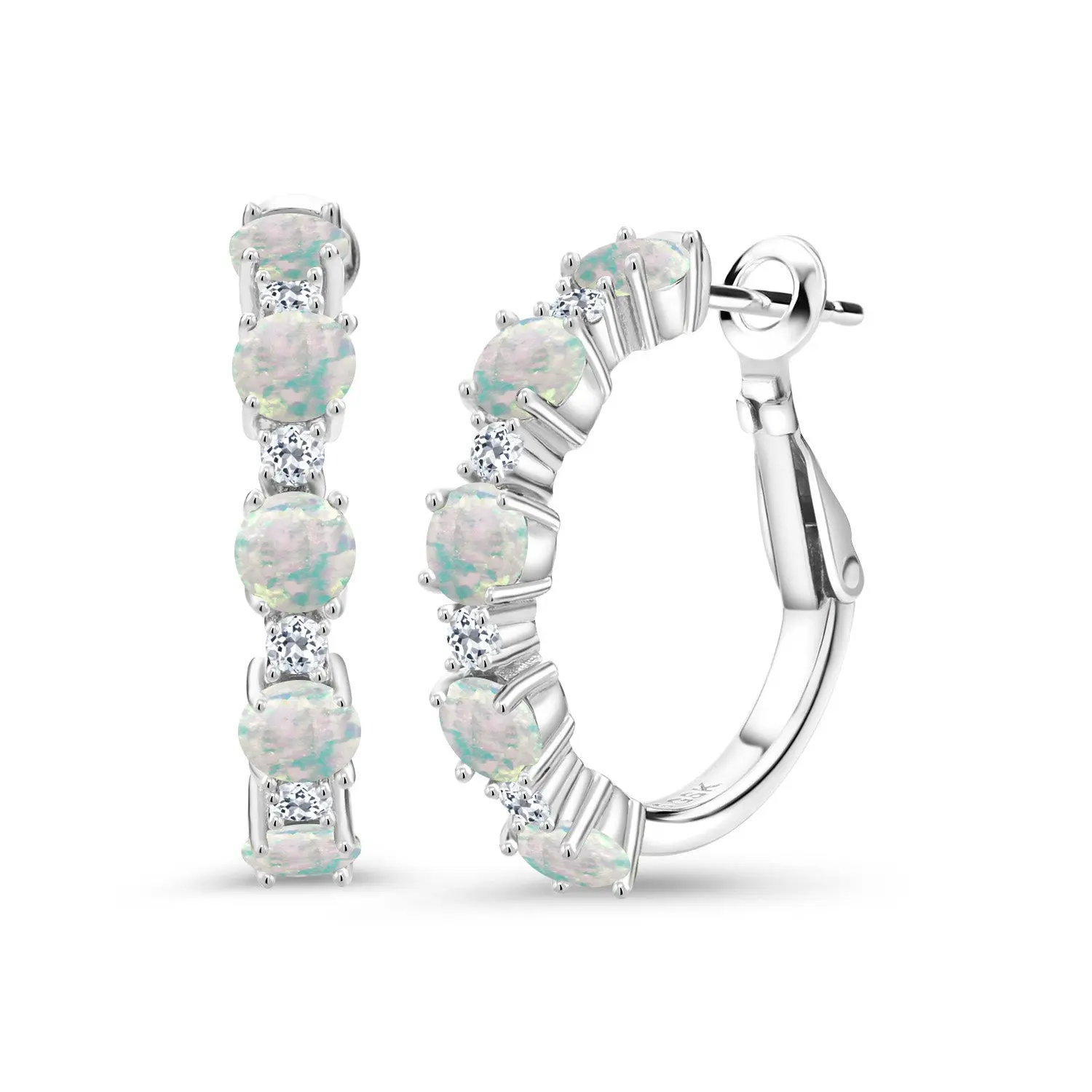Alternating Hoop Earrings for Women | 925 Sterling Silver | Gemstone Birthstone and White Topaz  | Round 4MM and 1.9MM Stones | 1 Inch Diameter Hoops | Fine Jewelry for Her Mom Wife Women