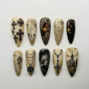 Handmade Gothic Religious Press On Nails Vintage Cross Church Angel Nails Dark Academia Antique Script Nails 3D Gothic Art Nail Set