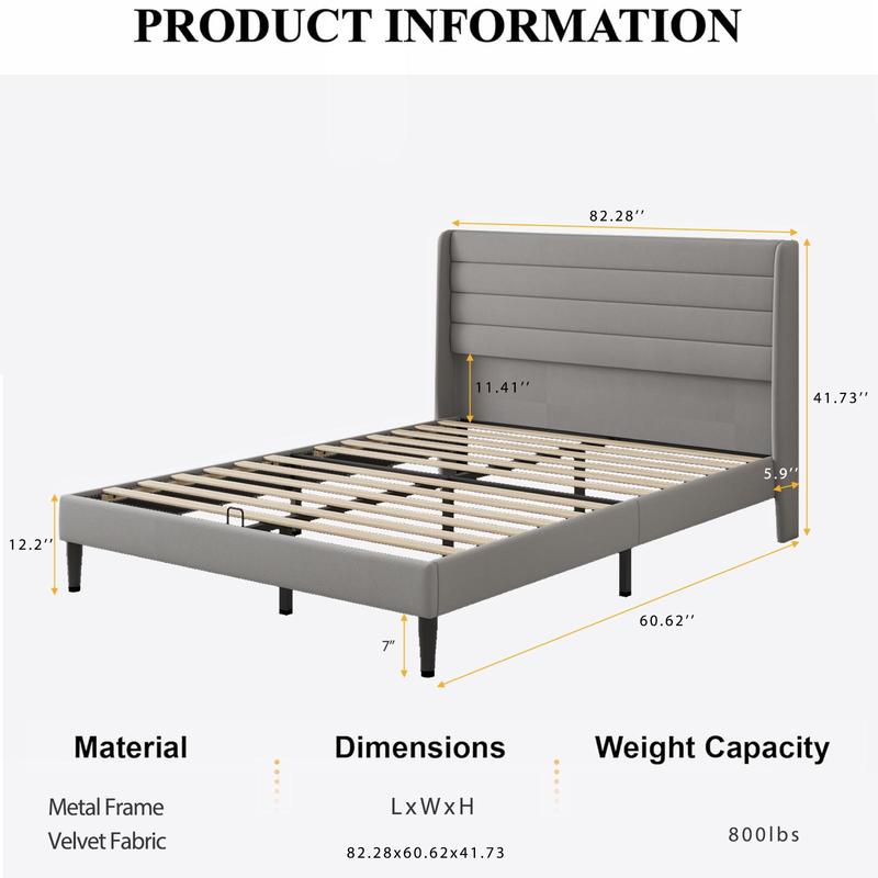 Queen Bed Frame with Modern Wingback Headboard Velvet Platform Solid Wood Slats No Box Spring Required Easy Assembly Light Beige