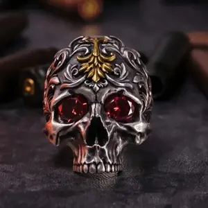 Mens Vintage Ruby Eye Skull Ring, Halloween Jewelry Gift