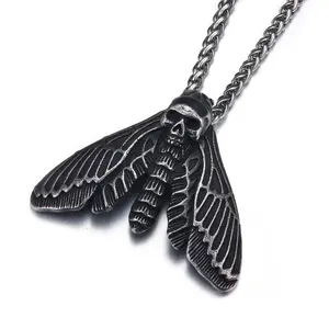 GTHIC Stainless Steel Death Head Moth Pendant Gothic Animal Skull Necklace for Men Women Birthday Gifts