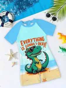 Boys' one-piece swimsuit "Cool and Handsome Dinosaur Cute Style" features gradient beach bottom cartoon prints + contrasting color short-sleeve design, Fun and playful, it enhances the atmosphere of summer pool/sea side outfits