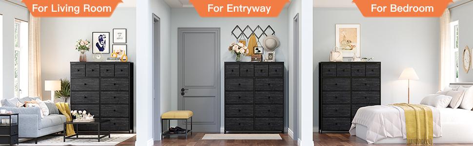 Raybee Furniture Dresser with 12 Drawers, Wooden Top Metal Frame Fabric Storage Organizer Cabinet, Tall Dressers for Girls Bedroom, Living Room, Hallway, Closet