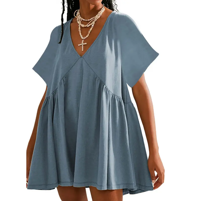 UANEO Womens Summer Mini Dress Casual Short Sleeve Loose V Neck Swing Sundress with Pocket Minimalist Batwing