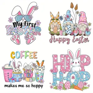 Cartoon Rabbit & Letter Pattern Iron-on Heat Transfer Sticker, 4 Counts/set DIY Decals for T-shirts & Backpacks, Festive Holiday Appliques