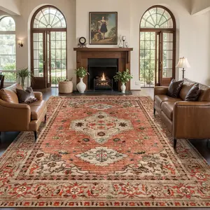 Washable for Living Room, Vintage Rug Indoor Non Slip Large Area Rugs, Print Distressed Terracotta Carpet, Soft Low Pile Rug Foldable Floor Rugs for Bedroom Dining Room Dorm