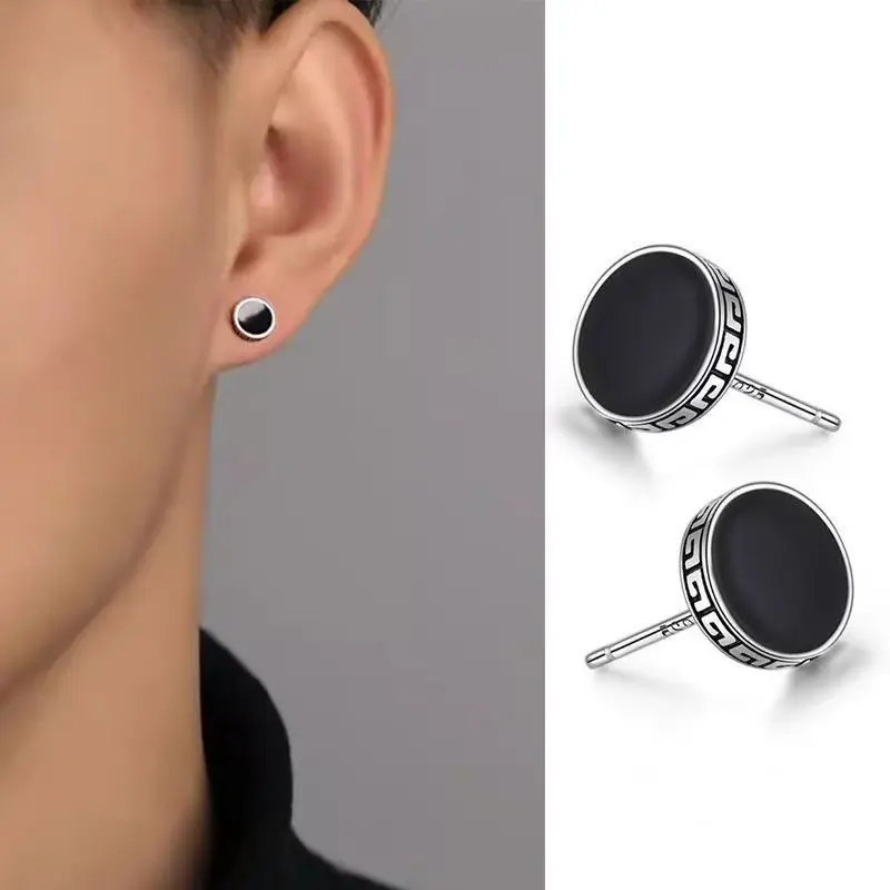 Men's Stainless Steel Round Black Onyx Stud Earrings - Vintage Greek Key Pattern, Lightweight, Minimalist Hypoallergenic Daily Small Ear Jewelry Gift for Guys