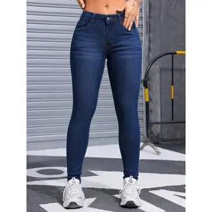 High Stretch Slim Fit Blue Denim Jeans - Soft, Comfortable, and Elegant Womens Casual Pants with Slant Pockets - Hand Wash Only, All-Season Wear, No Printing, Woven Fabric