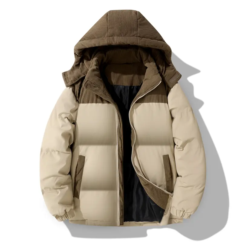 Men’s detachable hood puffer jacket with corduroy panels, thick quilted outerwear for winter, casual street style, windproof, loose fit for everyday wear, cold-resistant and warm bread-style puffer jacket