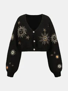 Women's V Neck Single Button Sun Star Embroidery Knit Sweater, Loose-Fitting Long Sleeve Everyday Casual Knitwear Cardigan for Fall & Winter