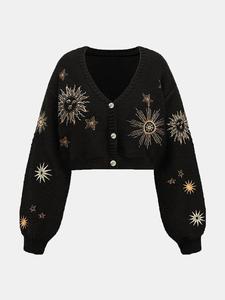 women's v neck single button sun star embroidery knit sweater, loose-fitting long sleeve casual cardigan for fall & winter, womenswear