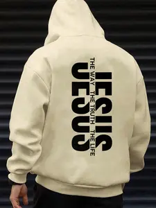 Men's Jesus The Way The Truth The Life Letter Print Hoodie, Regular Fit Casual Long Sleeve Graphic Hooded Sweatshirt for Daily Wear, Men's Clothes for Fall & Winter